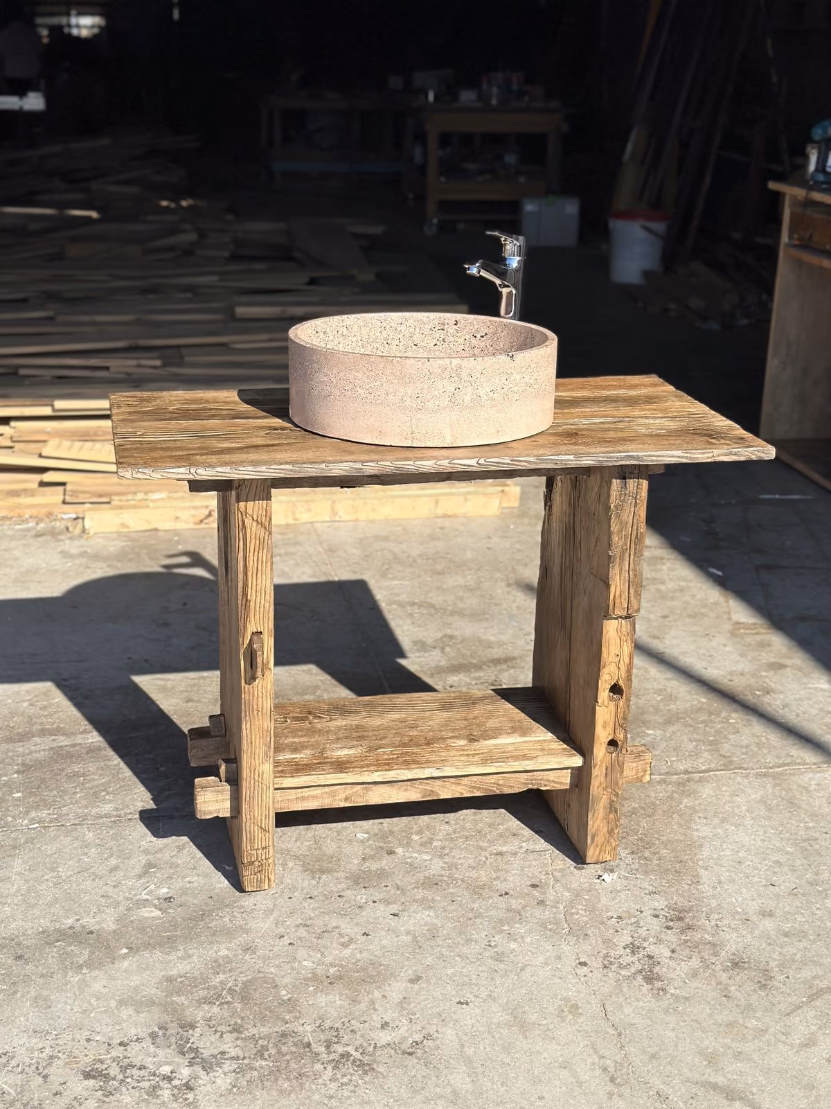 Washstand. Reclaimed timber, volcanic stone basin