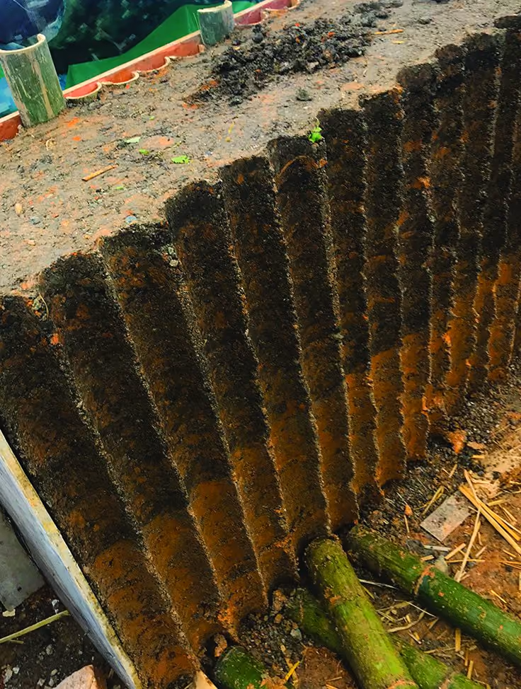 Rammed earth. The lift lines the formwork leaves behind
