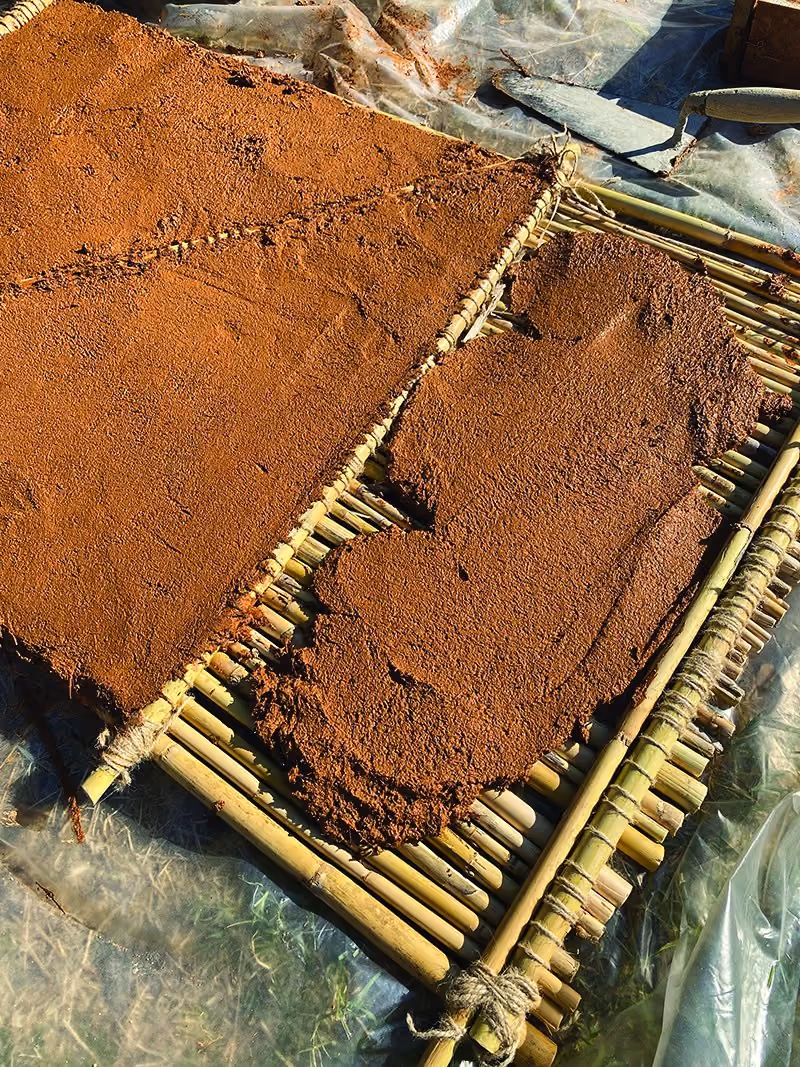 Wattle and daub. Earth worked over a woven lattice